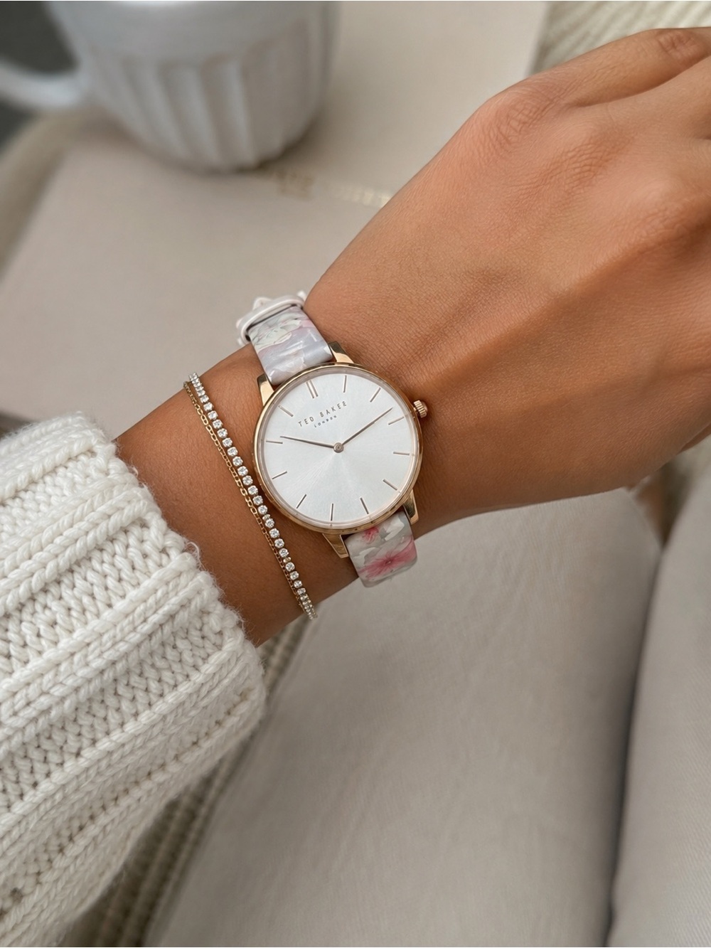 Ted Baker London Floral Leather Watch and White Strap Bands